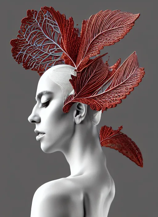 Image similar to complex 3d render ultra detailed of a beautiful porcelain profile woman face, mechanical vegetal cyborg, 150 mm, beautiful natural soft light, rim light, silver gold details, magnolia big leaves and stems, roots, fine foliage lace, mesh wire, Alexander Mcqueen haute couture, lady Gaga style, intricate details, hyperrealistic, mandelbrot fractal, anatomical, red lips, silver metal armor, facial muscles, cable wires, microchip, elegant, white background, octane render, H.R. Giger style, 8k