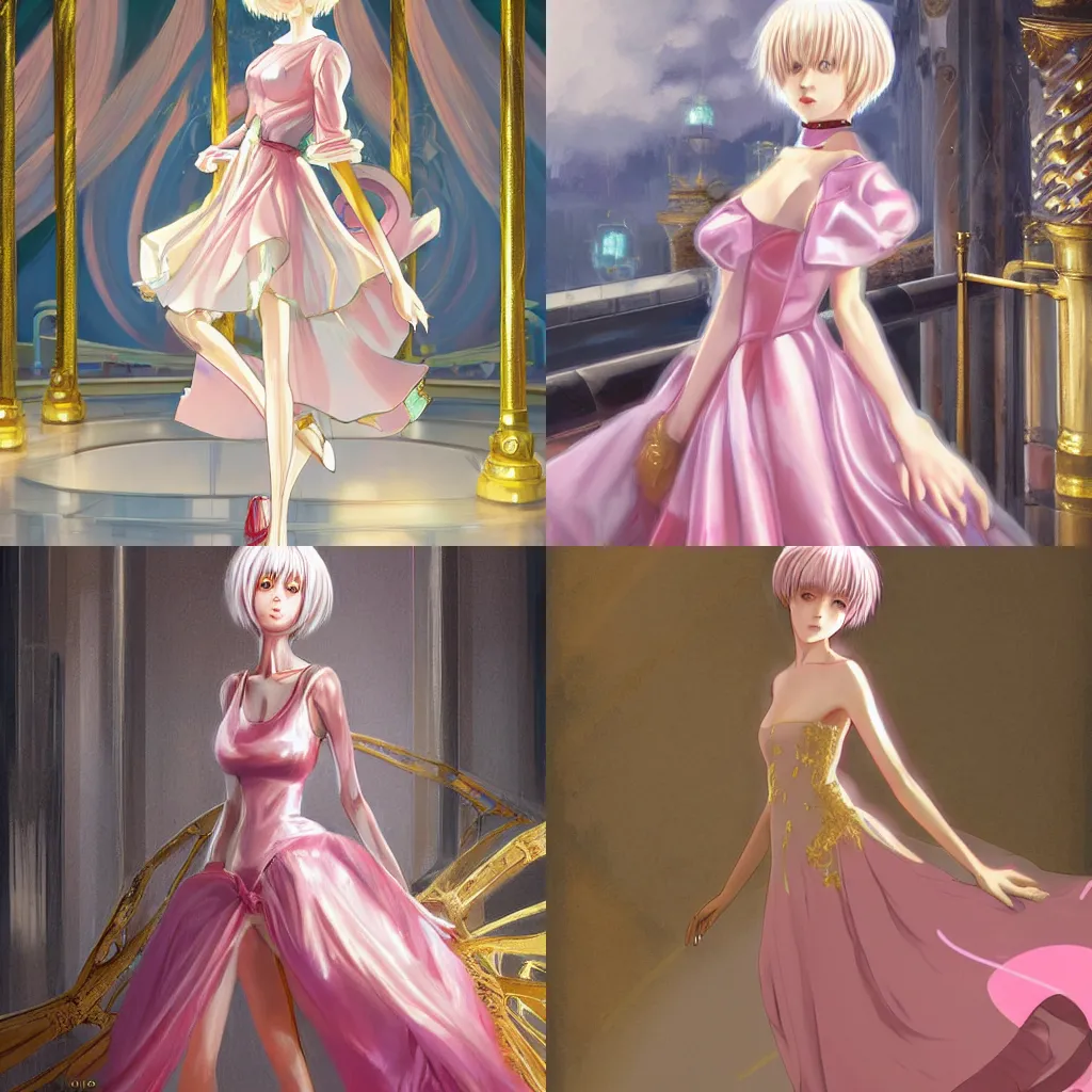 Prompt: Rei Ayanami, wearing a pink ballroom gown, photorealistic background of a marble and gold ballroom, full body shot, highly detailed, smooth, digital painting by WLOP, promotional art, trending on deviantart