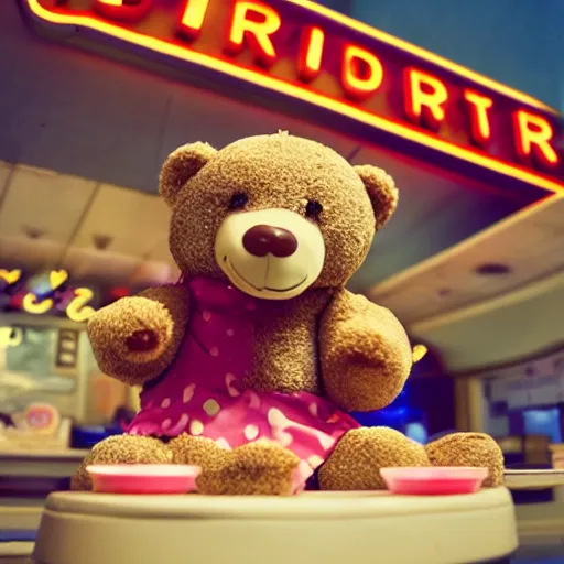 Prompt: a teddy bear eating a donut at a 1950s neon diner