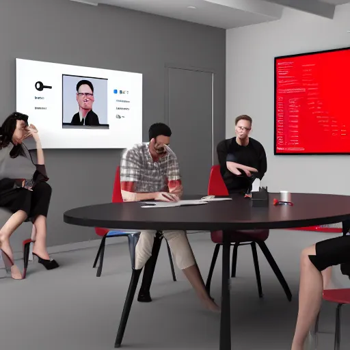 Prompt: bee university zoom group meeting internet conferencing group video chat, crimson - black color scheme, photorealistic, octane render, rtx, hdr, unreal engine, digital art widescreen 8 k