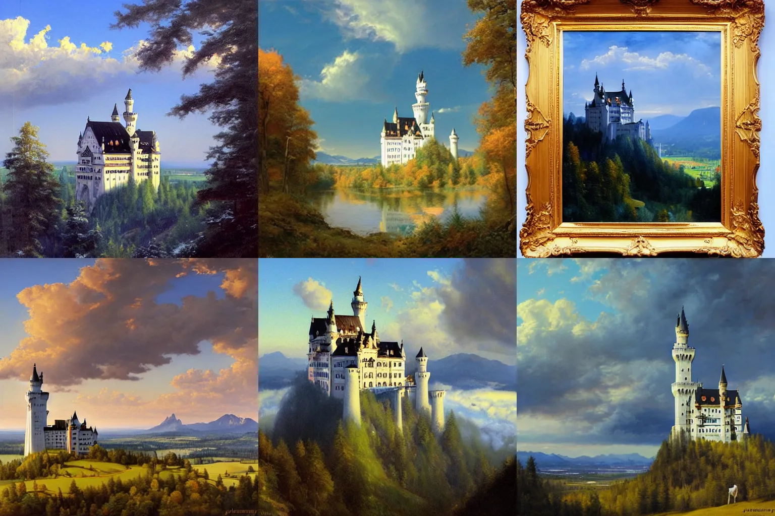 Prompt: a landscape full of neuschwanstein castles stretching to the horizon. light mood, blue sky with some clouds. painting by james gurney and justin gerard