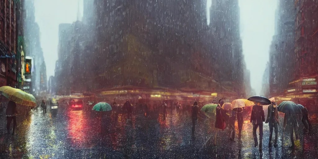 Image similar to a ultra photorealistic and sharp film still trough a raincovered window on a rainy but colourful day in new york. sparkling lights, people with umbrellas standing in the street, wide shot, frog perspective, wes anderson, studio ghibli, pixar and disney animation, octane render, anime key art by greg rutkowski, dramatic lighting, award winning photography