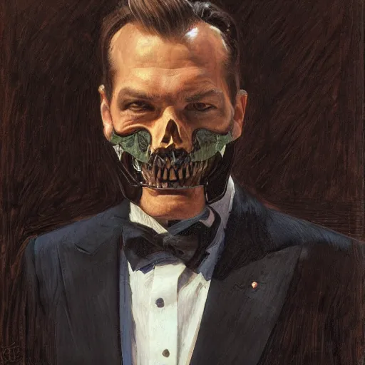 Prompt: frontal portrait of a dapper man with a skull mask, by donato giancola.