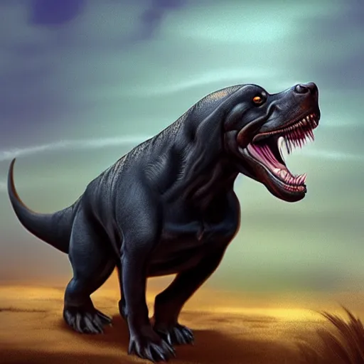 Prompt: Rottweiler dinosaur hybrid, trending on artstation