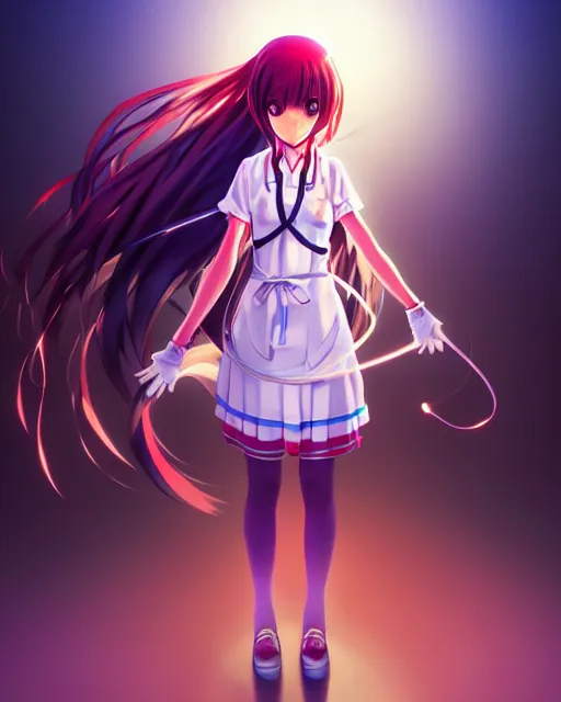 Image similar to anime style, vivid, expressive, full body, 4 k, painting, a cute magical girl with a long wavy black hair wearing a nurse outfit, stunning, realistic light and shadow effects, centered, simple background, studio ghibly makoto shinkai yuji yamaguchi