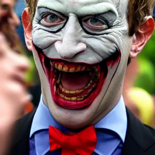 Prompt: funny face pulling competition winning funny face photo of mark zuckerberg as the joker from batman, pulling the move'the banshee ', hilarious face pulling competition winner, extreme face contortion