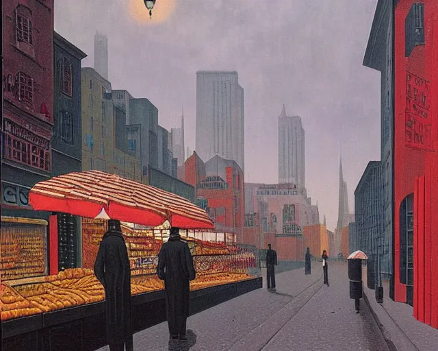 Image similar to street with food stands in a cyberpunk city on a rainy melancholy night by rene magritte