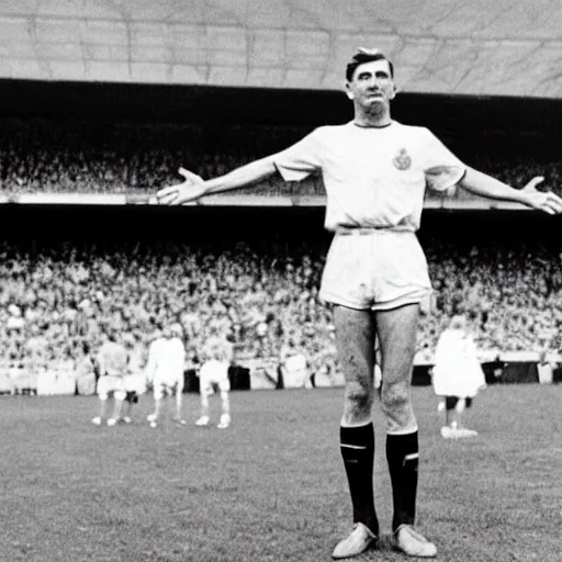 Prompt: Fritz Walter standing above Kaiserslautern as a football god