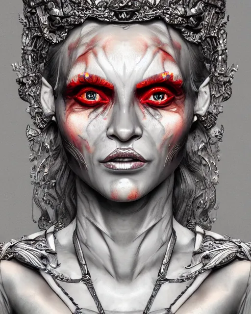 Prompt: Fantasy character portrait of distorted detailed painting of a queen woman made of grey stone, hyper detailed, red flames, trending on Artstation, 8k resolution, full HD, cinematic lighting, award winning, anatomically correct