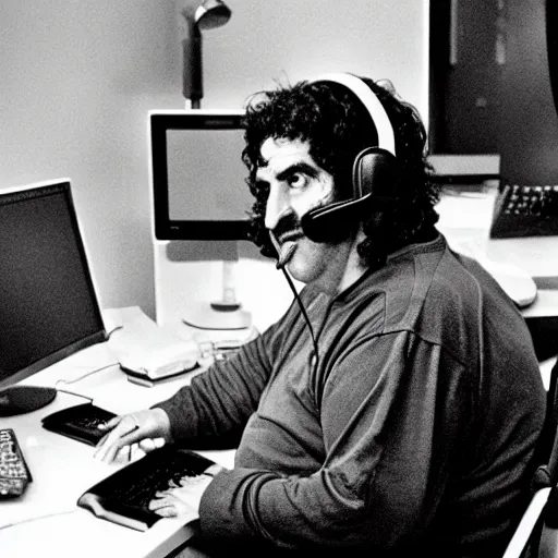 Image similar to obese Frank Zappa wearing a headset yelling at his monitor while playing WoW highly detailed wide angle lens 10:9 aspect ration award winning photography
