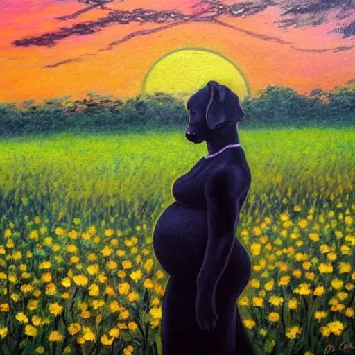 Prompt: a pregnant east african woman with her black puppy in a vast field of flowers, looking off into the sunset, relaxing, wide shot, golden hour, vintage, impressionist painting, fine art, oil painting, dreamy, pastel, laughing, happy, intricate details, sharp, peaceful, serene