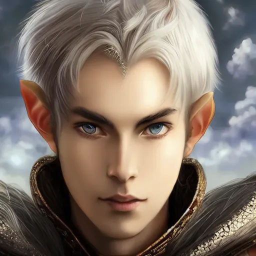 Image similar to a portrait of a handsome elven prince, white fringy hair, backlit, incredible lighting, strong rim light, subsurface scattering, realistic anime, by Heise Jinyao, Heise-Lian Yan Fang, Feimo, Richard Taddei, epic beautiful landscape, highly detailed, god rays, digital painting, HDRI, by marc simonetti, vivid colors, high contrast, 8k resolution, intricate, photorealistic