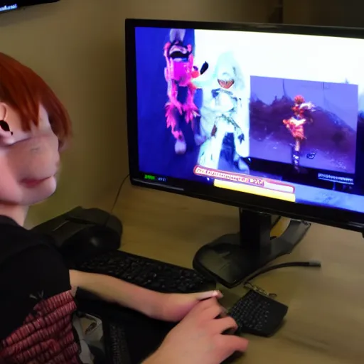 Image similar to a male ginger puppet streams games on his computer to twitch,