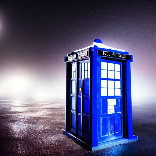 Image similar to a hyperdetailed photograph of the tardis sat on a futuristic street corner, night, dense fog, rain, hd, 8 k resolution