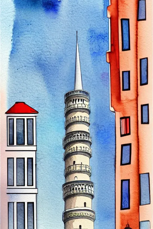 Image similar to minimalist colorful watercolor line art of galata tower istanbul, art deco, cityscape, matte drawing, poster art