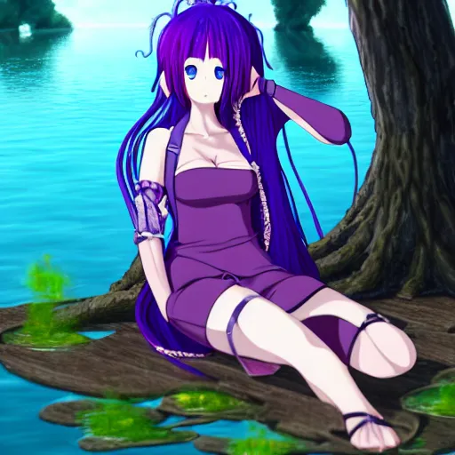 Image similar to an anime girl with purple tentacle hairs, sitting near a swamp