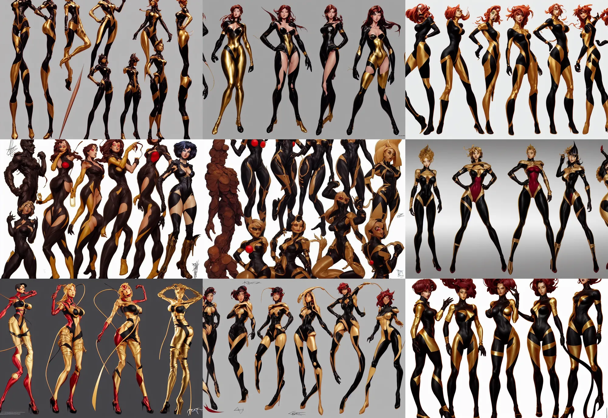 Image similar to three views cartoon character design by artgerm, cushart krenz, zeronis, donato giancola and greg rutkowski. future head set!! black tape project show attctive showgirl!! full body!! sharp edge. ultra clear detailed. contour light effect!! 8 k. red, golden and black. stage light. octane render.