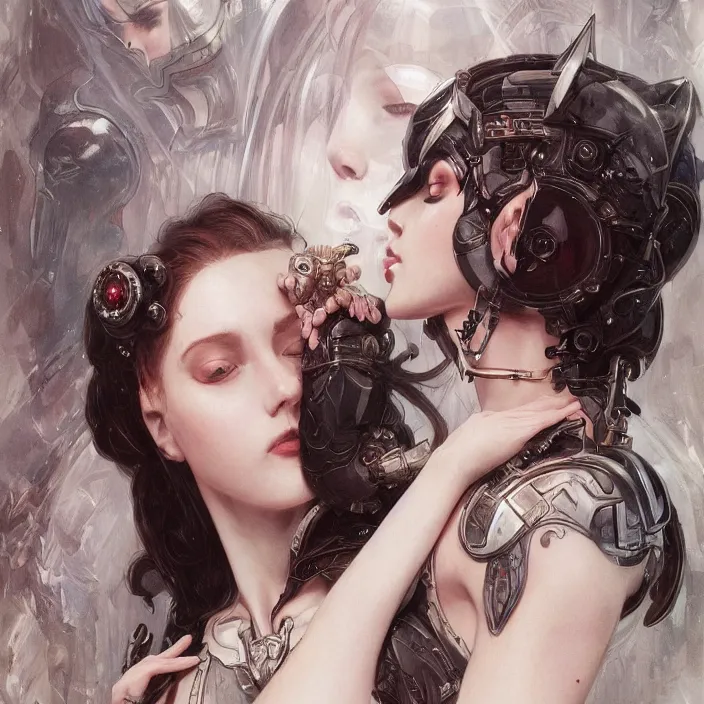 Image similar to portrait of two beautiful pale gothic cyborg maidens kissing, warhammer 40000, cyberpunk, intricate, elegant, highly detailed, digital painting, artstation, concept art, smooth, sharp focus, illustration, art by artgerm and greg rutkowski and alphonse mucha
