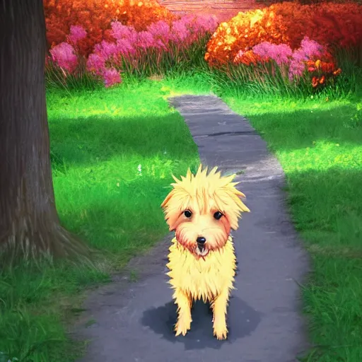 Image similar to A blond Norfolk terrier in the style of 90s anime, bright,red flowers, foot path, trees, award winning, trending on artstation