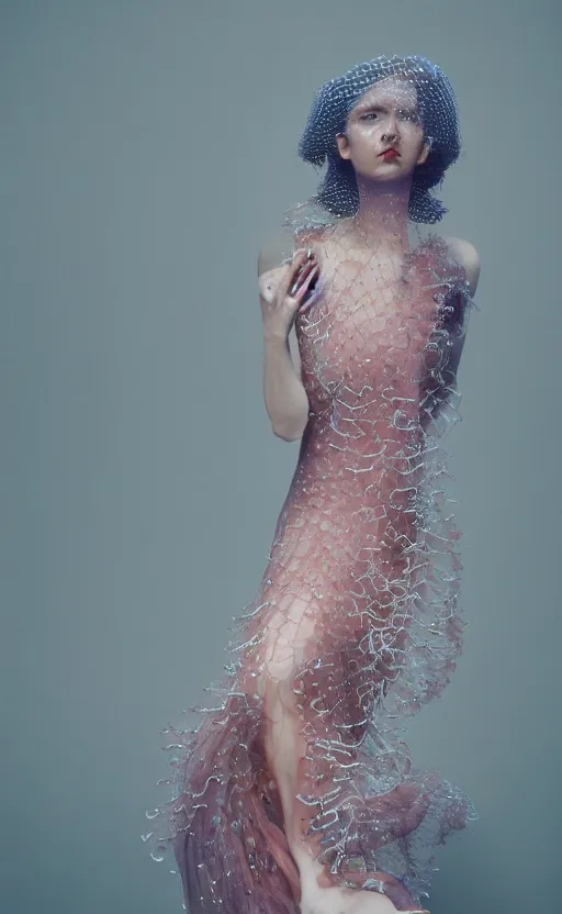 Image similar to Fashion photography of a woman wearing a dress inspired by a jellyfish, artistic photography, insanely detailed, chiaroscuro, cinestill 800t, Vogue magazine