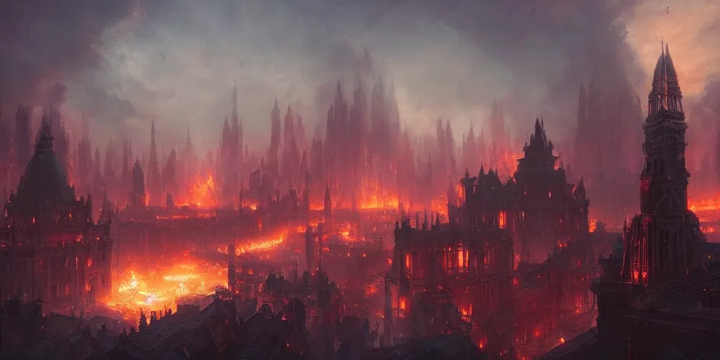 Prompt: A fantasy city completely covered in fire, rising smoke, dark fantasy, nighttime, detailed crimson moon, hyper realistic, by greg rutkowski, trending on artstation