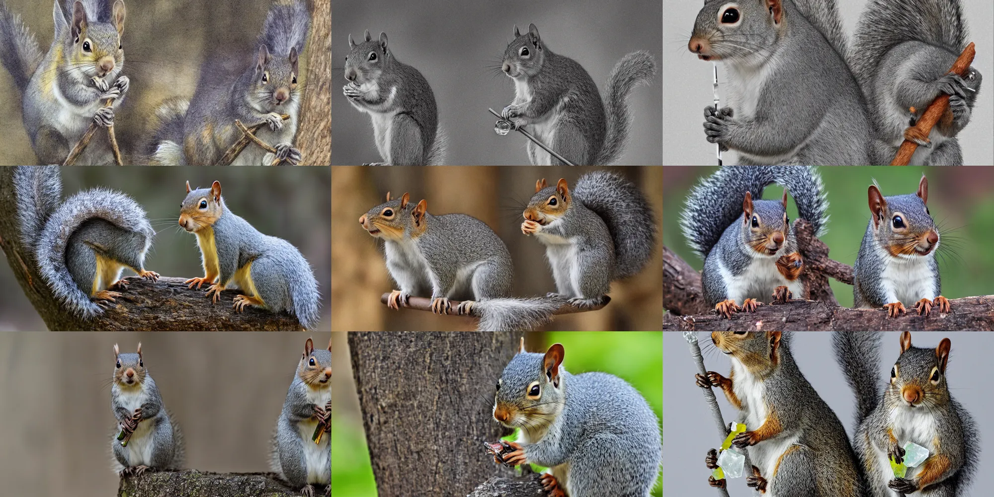 Prompt: portrait Redwall Abbey gray squirrel holding a staff made of crystal. dramatic coloring,