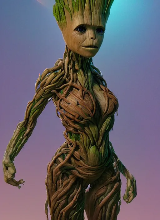 Prompt: female portrait of groot as a belly dancer, au naturel, hyper detailed, digital art, trending in artstation, cinematic lighting, studio quality, smooth render, unreal engine 5 rendered, octane rendered, art style by klimt and nixeu and ian sprigger and wlop and krenz cushart.