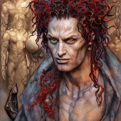 Image similar to Roguish Picaro Dsurion stands at the gates of Hades Hand Crafted By Rodin. Painting by Donato Giancola Jeff Simpson stamp watercolor