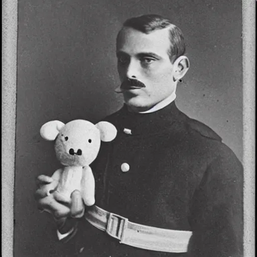 Prompt: the famous pilot francesco baracca, with small mustaches, with a buzzcut, in regia areonautica's uniform, holding a plushie, perfect face, made by a early century photographer