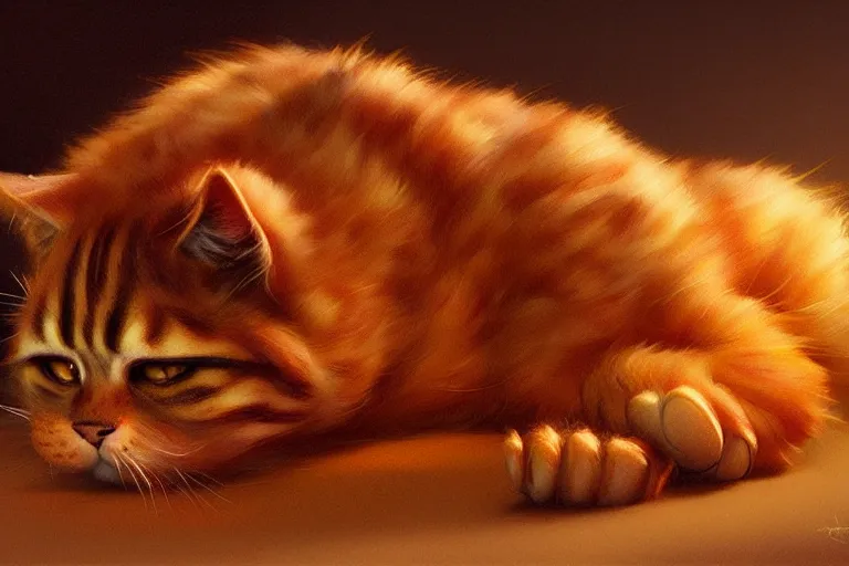 Image similar to garfield the cat, made from lasagna, hyper detailed, digital art, artstation, cinematic lighting, studio quality, smooth render, by caravaggio, artgerm, greg rutkowski