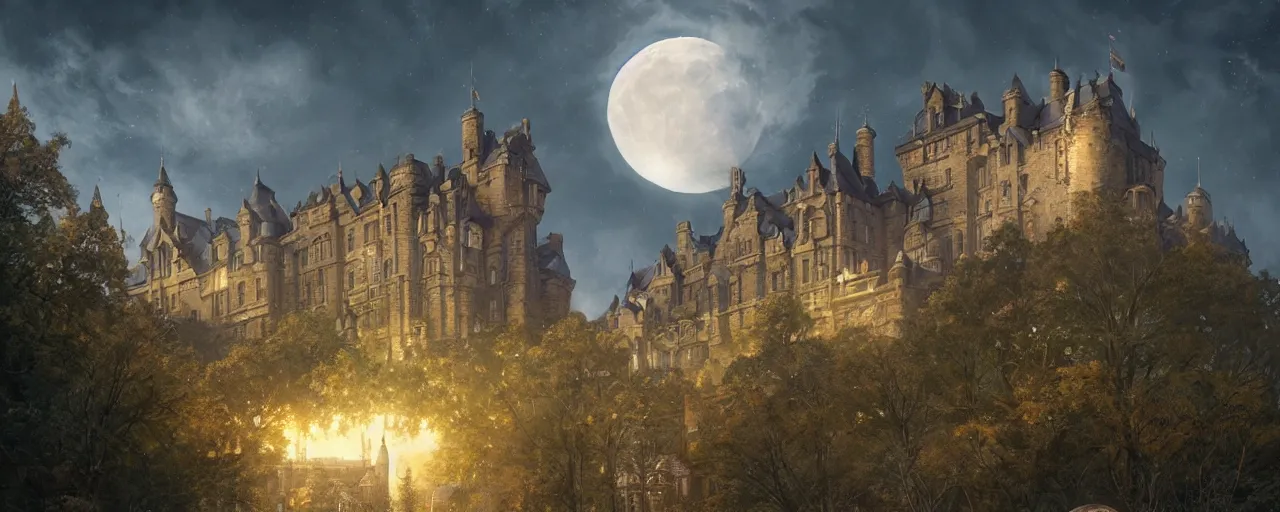 Image similar to a huge moon setting over a scottish castle, trees, fantasy, intricate, cinematic lighting, highly detailed, digital painting, artstation, concept art, smooth, sharp focus, illustration, art by artgerm and greg rutkowski and alphonse mucha