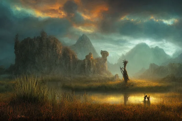 Image similar to fantasy painting, dungeons and dragons, a faerie village, swamp reeds wetland marsh sunset with ominous shadows, a bunny by jessica rossier and brian froud cinematic painting