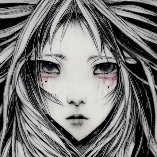 Image similar to yoshitaka amano blurred and dreamy realistic illustration of an anime girl with black eyes, wavy white hair fluttering in the wind and cracks on her face wearing elden ring armor with engraving, abstract black and white patterns in the background, noisy film grain effect, highly detailed, renaissance oil painting, weird portrait angle, three quarter view, head turned to the side