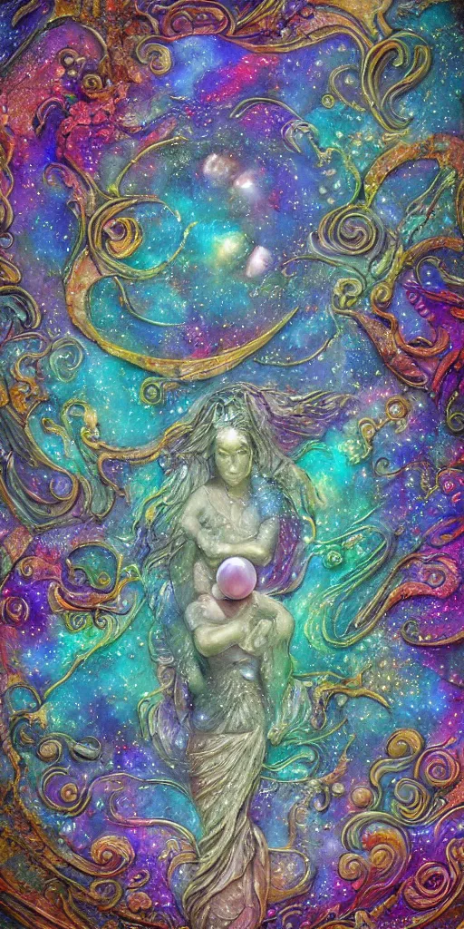 Image similar to intricate colourfully painted carved Soapstone relief paneling, iridescent, pearl and pale blue toned, celestial, cosmos, galaxies, planets, divinity, moon goddess, mother earth, Earth Goddess mythology, Gaia, angels, dream atmosphere, bright colors, vivid colors, Ghostly, crystaline celtic, insanly detailed , artstation, wallpaper, hyper realistic, realistic lighting