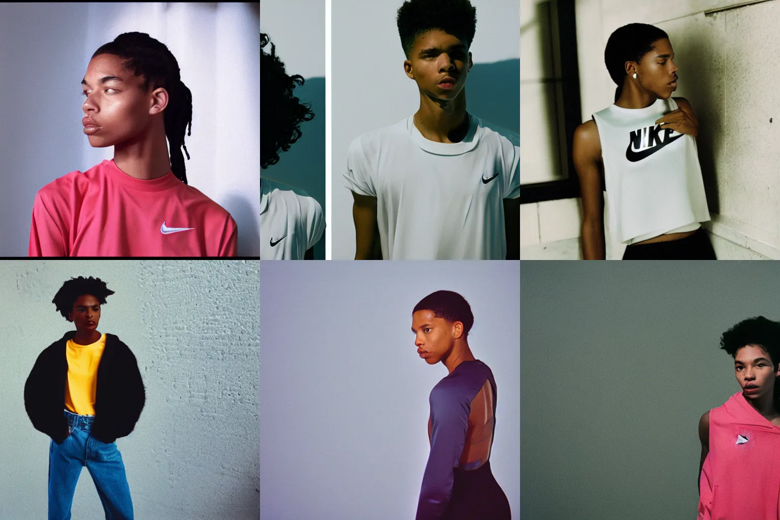 Prompt: realistic photoshooting for a new nike lookbook, color film photography, portrait of a beautiful woman, in style of Tyler Mitchell, 35mm, film photo