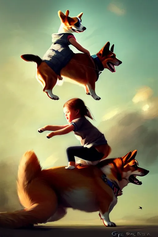 Image similar to tiny girl riding on the back of a giant corgi by greg rutkowski