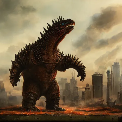 Image similar to Portrait of an angry steampunk Godzilla. 4K. Concept art. Unreal engine. Highly detailed.