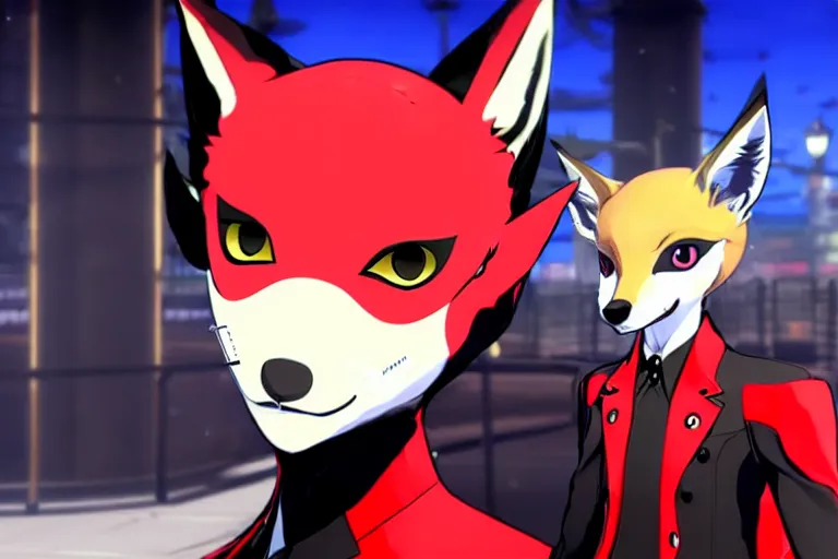 Image similar to in the persona 5 : royal ( by atlus ) video game casino level, a furry male sandcolored tan fox fursona ( has hair ), persona 5 phantom thief style