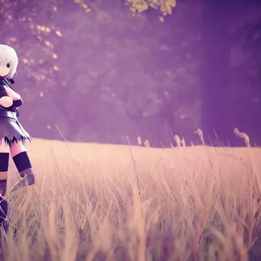 Image similar to 2B nier automata in a field, 4k, detailed face, blender render