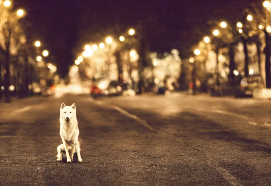 Prompt: lomo photo of a white wolf in empty dark street, cinestill, bokeh, out of focus, night, dramatic lighting, streetlight