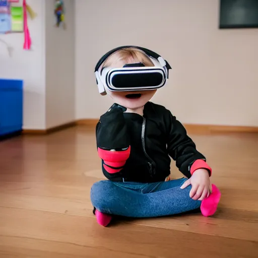 Image similar to A toddler wearing a straight jacket and a vr headset while sitting in a daycare setting, photography