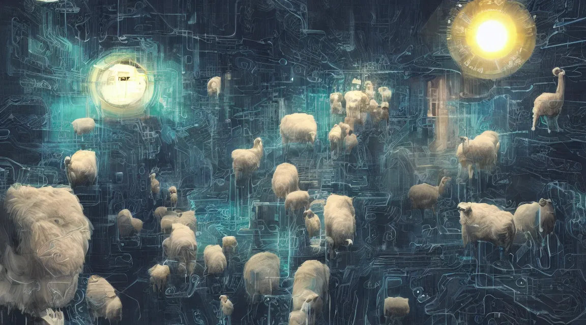 Image similar to do the androids dreams with electric sheeps, Wilbur Mercer, Rick Deckard, friend buster, Philip K. D. ,digital art, illustration style