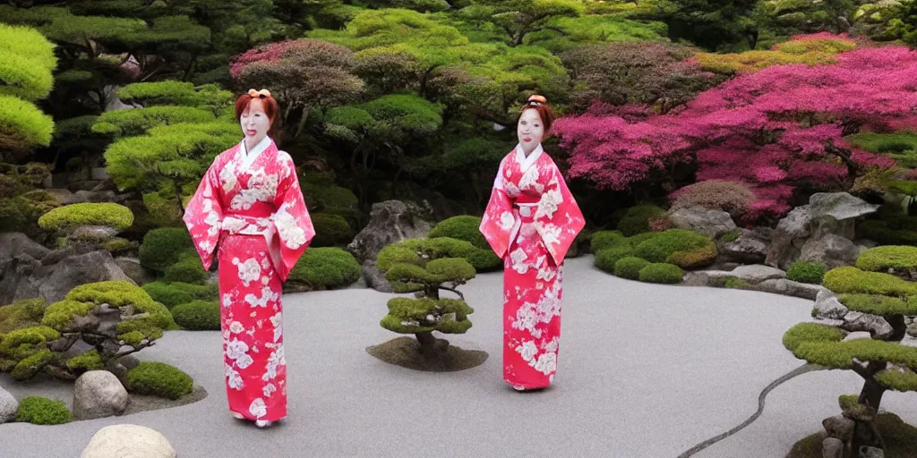 Image similar to A beautiful amber haired woman in a kimono in a Japanese garden