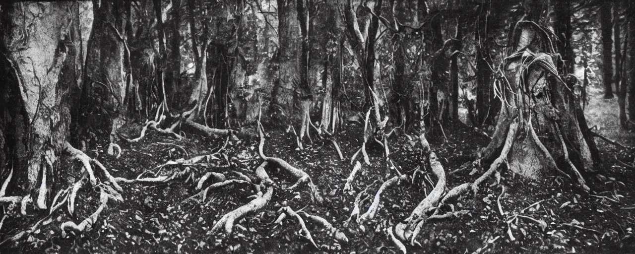 Prompt: 1920s photography of occult humanlike root creatures creeping and lurking in dark forest in the dolomites