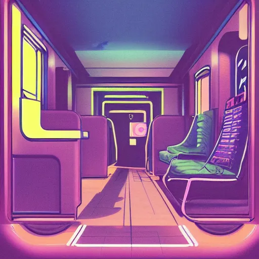 Image similar to lofi vaporwave retro futurism album artwork underground unknown artist sitting on a train