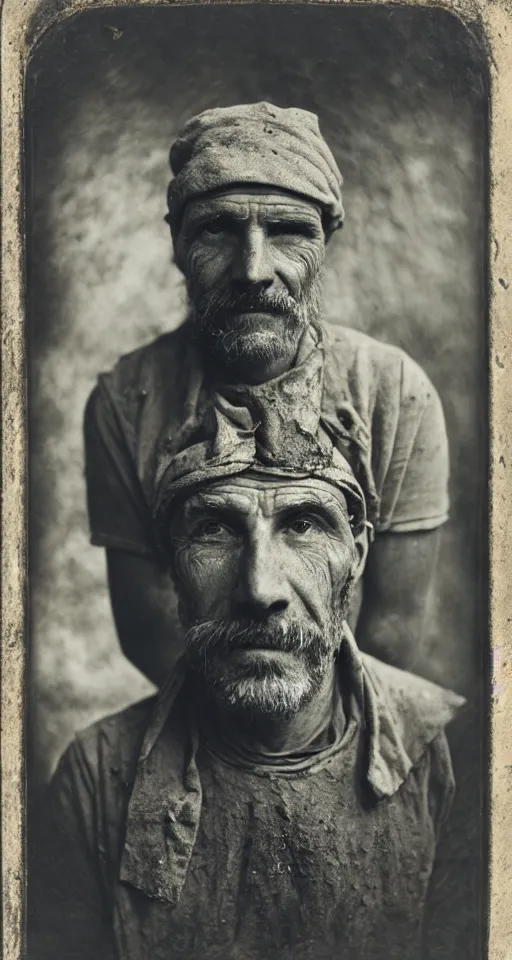 Prompt: a highly detailed wet plate photograph, a portrait of a stonemason