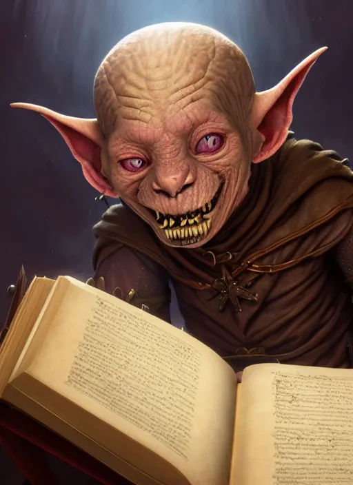 Prompt: highly detailed closeup portrait of a medieval goblin reading a spellbook, stephen bliss, unreal engine, greg rutkowski, ilya kuvshinov, ross draws, hyung tae and frank frazetta, tom bagshaw, tom whalen, nicoletta ceccoli, mark ryden, earl norem, global illumination, god rays, detailed and intricate environment