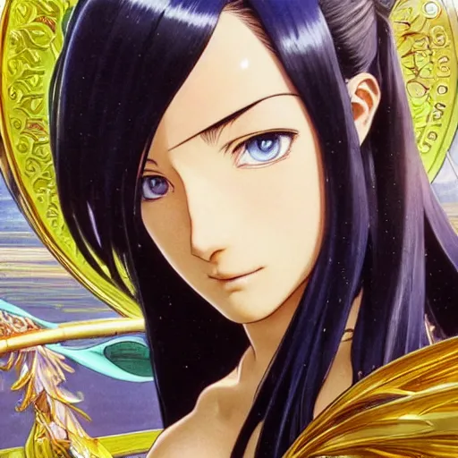 Image similar to highly detailed vfx portrait of nico robin by eiichiro oda!, makoto shinkai!, alphonse mucha, sharp focus, art by artgerm and greg rutkowski!, backlit, harsh overhead sunlight, blue eyes!!, large aquiline nose!!, stanley kybric, kaoru mori, detailed, best of behance,