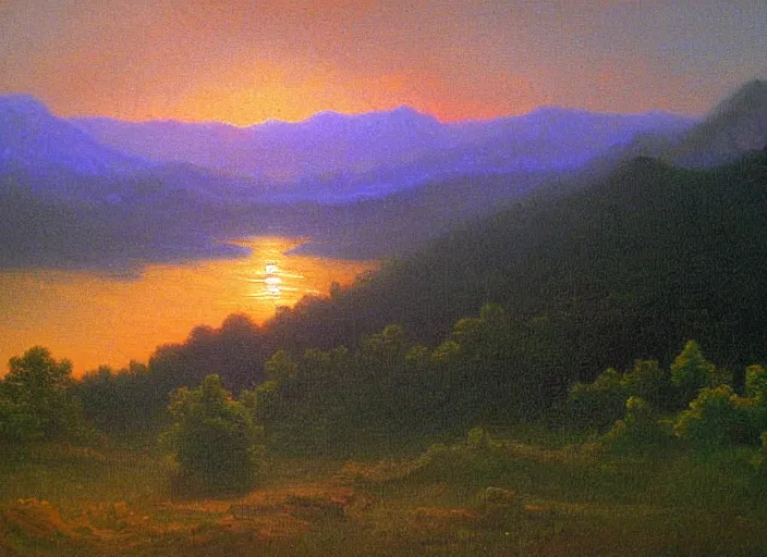 Prompt: Oil painting of the blue ridge mountains at sunset in the style of Albert Bierstadt