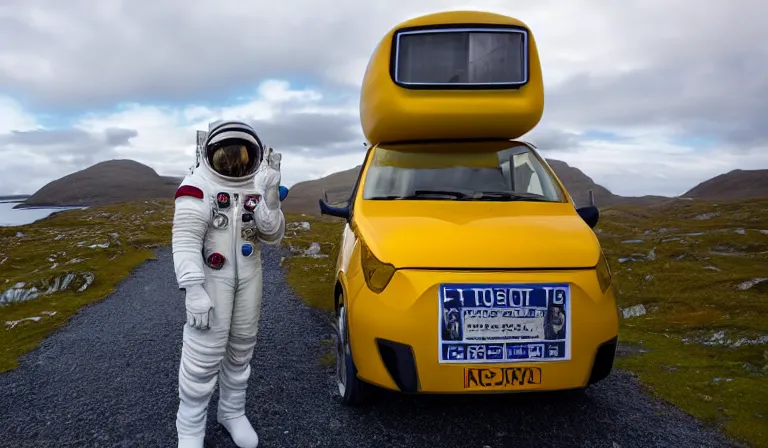 Image similar to tourist astronaut standing in the Isle of Harris, Scotland, a futuristic campervan in the background, wide angle lens, photorealistic